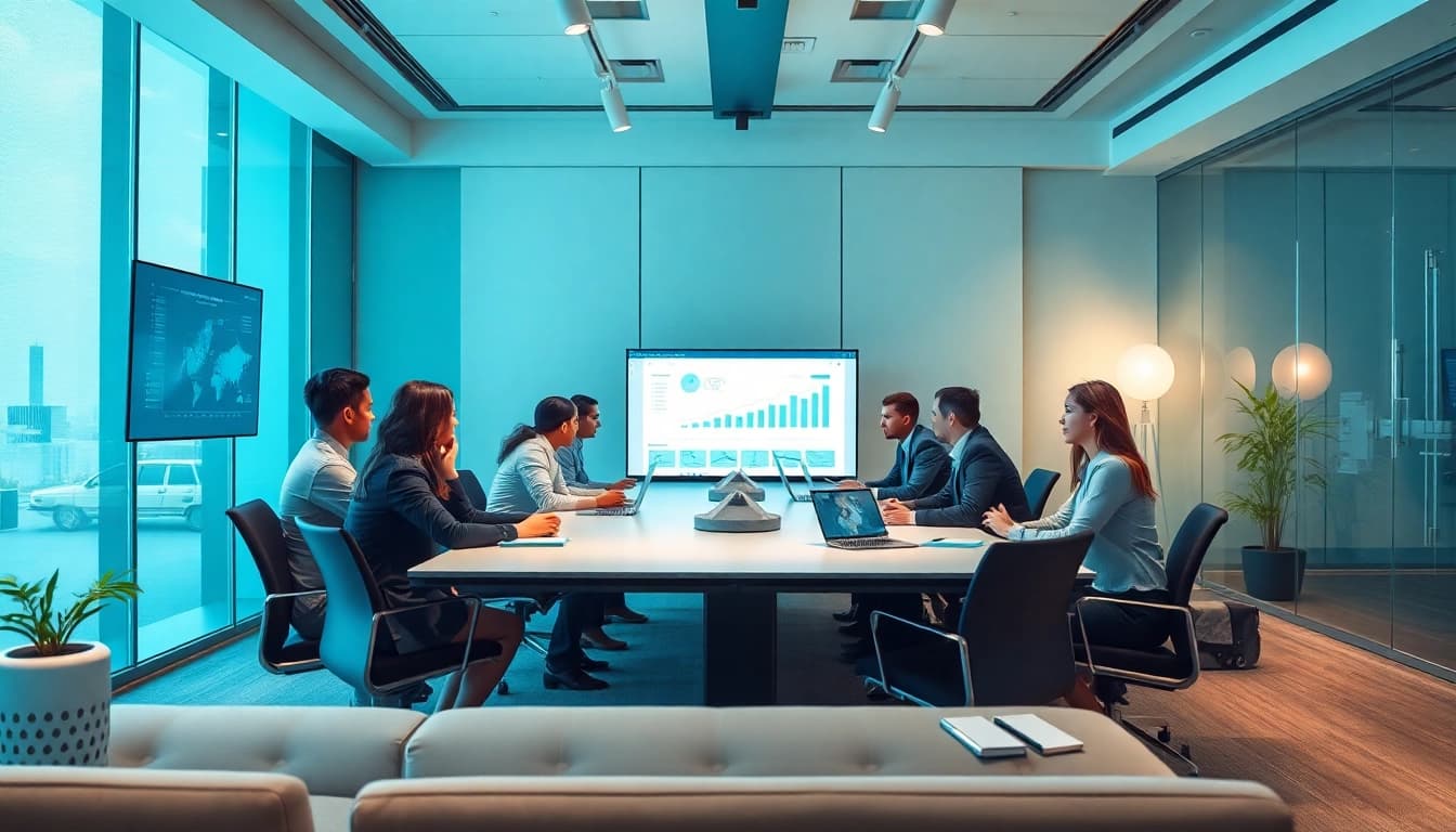 Logo ik displayed in a modern professional office environment with collaborative meetings.