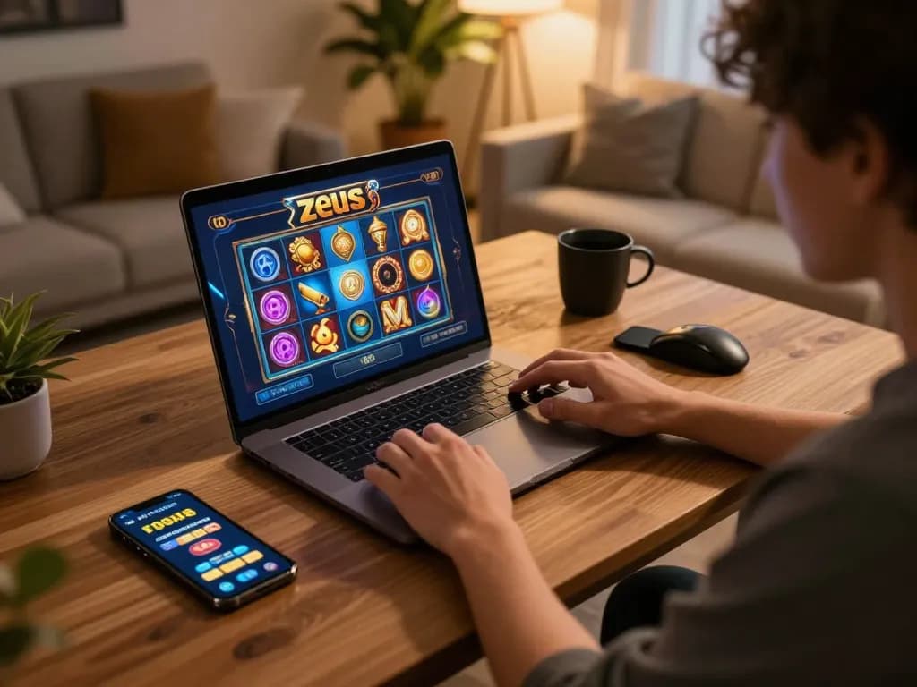 Memainkan mesin slot Zeus di laptop dalam lingkungan rumah yang nyaman dan terang, menunjukkan kegembiraan dan strategi