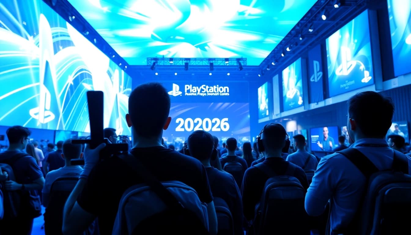 Engaged crowd and stunning visuals at PlayStation Showcase 2026 news event.