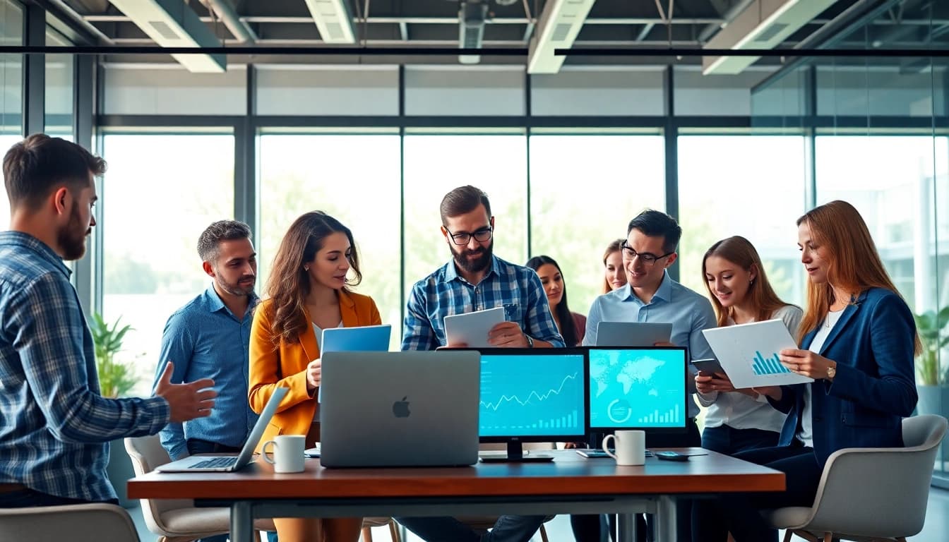 Florida Digital Marketing Agency team collaborating on innovative strategies in a modern office.