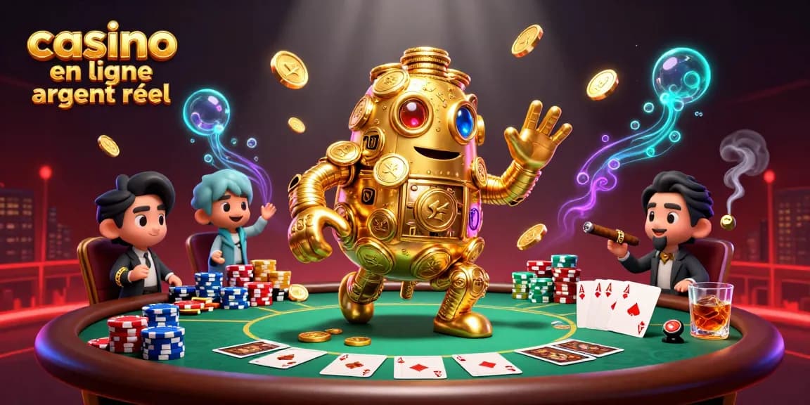 Célébrez le jeu au casino en ligne argent réel avec une illustration dynamique de poker et un golem en or.