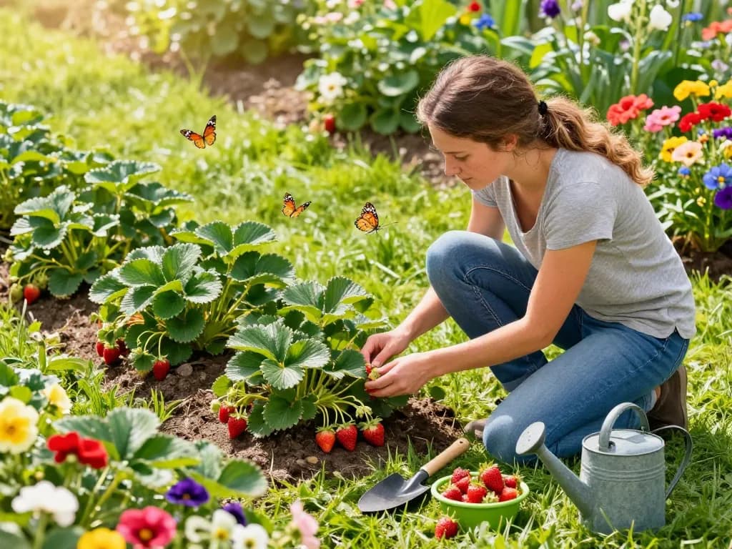 Shop for aardbeienplanten kopen in a vibrant garden scene showcasing fresh strawberry plants being nurtured by a gardener.