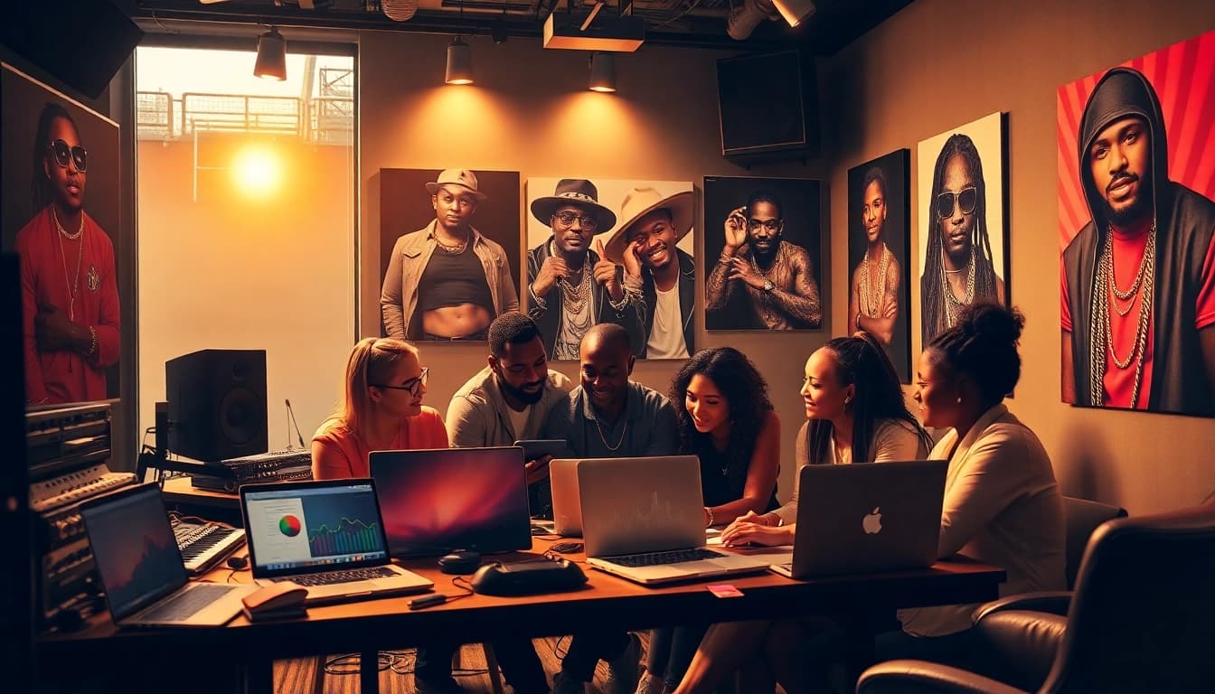 Dynamic hip hop PR agency team strategizing for artist success in the studio.
