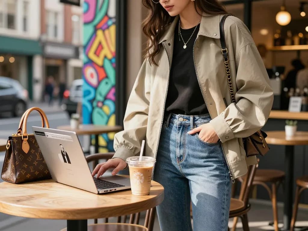 Fashionably dressed individual exploring レ플リカ items on a laptop at a trendy café.