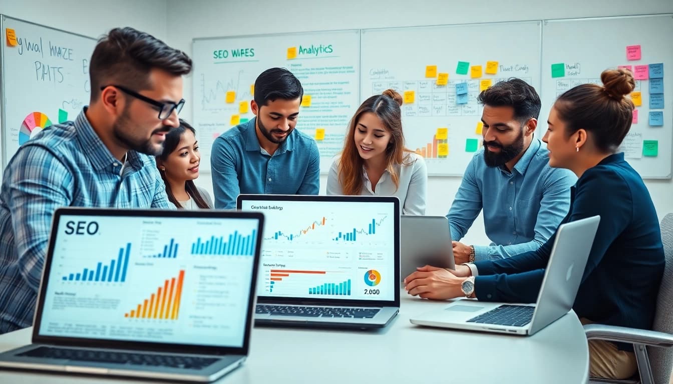 Collaborative SEO strategy session with digital analytics, showcasing teamwork and analysis.