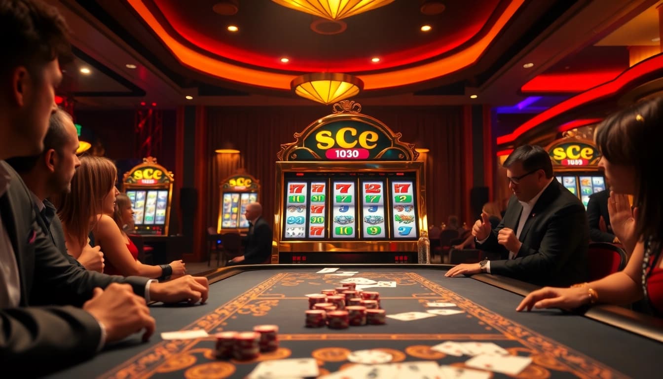 Excited players enjoying the immersive SC88 Slot experience in a luxurious casino setting.