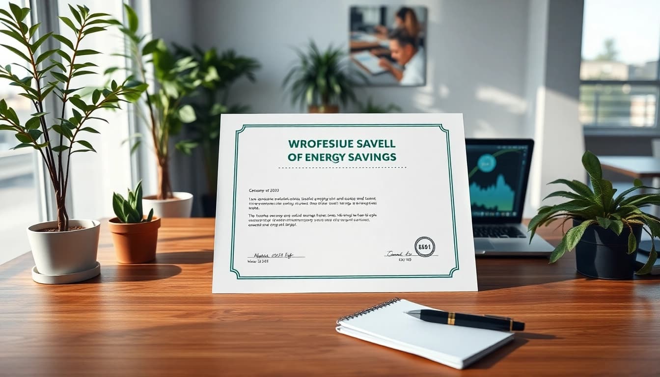 Obtención del Certificado Ahorro Energético en una oficina moderna con detalles ecológicos.