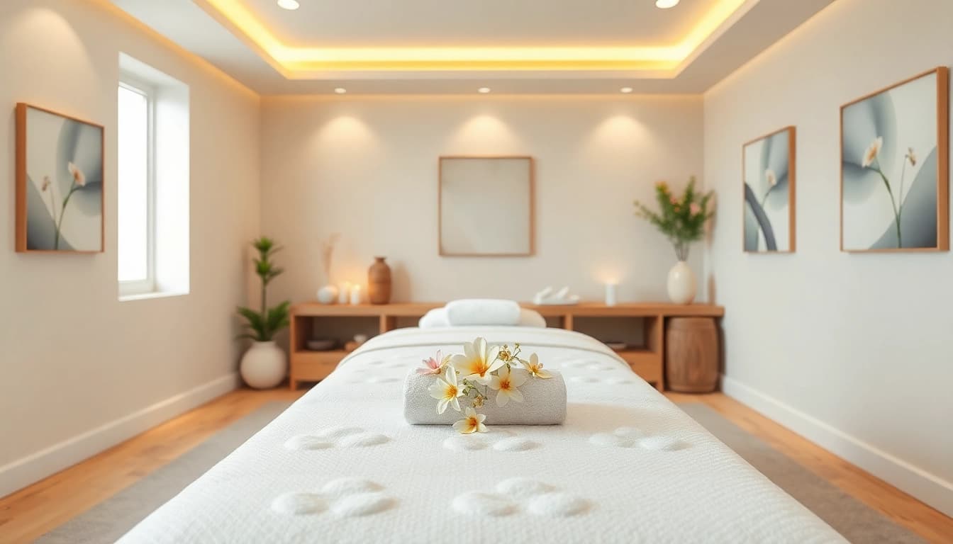 Spa Ads featuring a calming treatment room with elegant decor and ambient lighting.