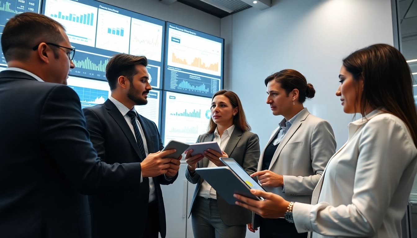 Analyze data using AI for competitive intelligence with a professional business team in a modern office.