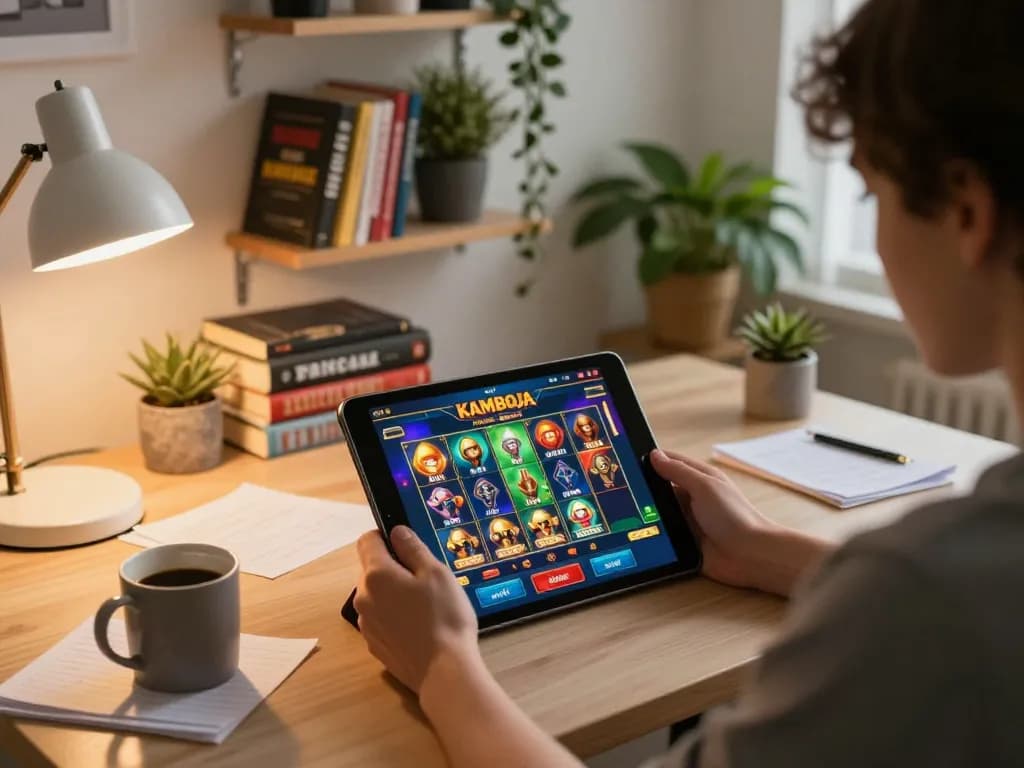 Engaging with slot kamboja on a tablet in a cozy home office while analyzing gaming strategies.