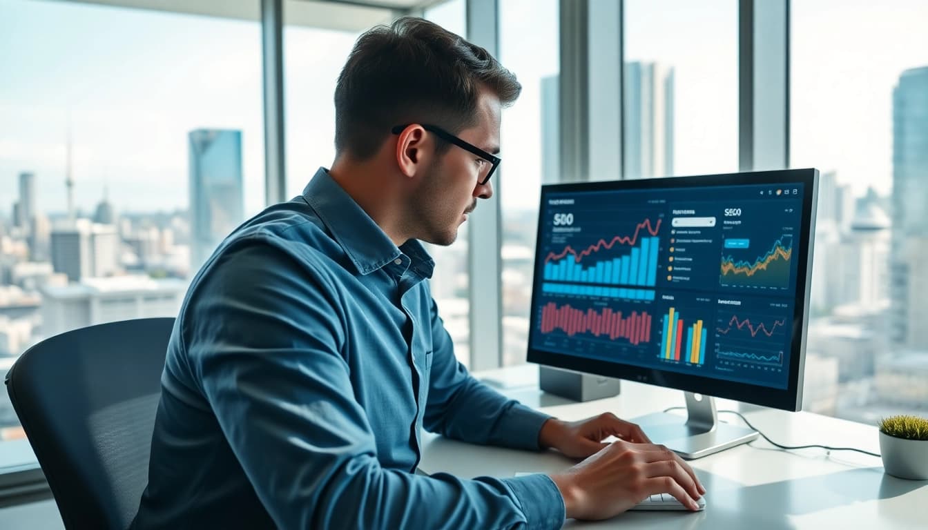 Auckland seo expert analyzing data in a modern office environment to boost SEO strategies.