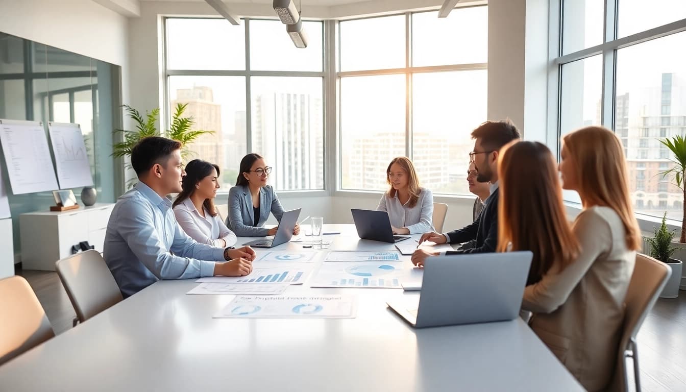 Analyze your investment property analysis with a professional team in a bright office setting.