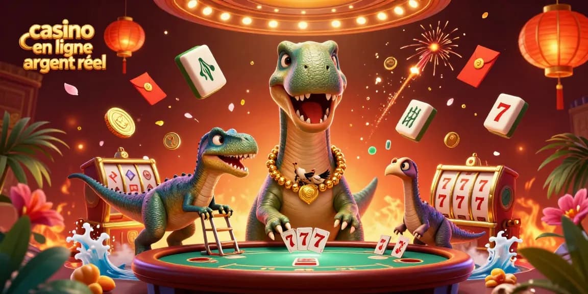 Jouez à un casino en ligne argent réel avec une scène illustrée pleine de personnages et d'éléments de jeu.