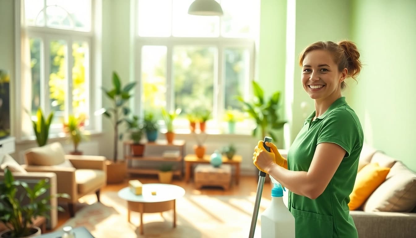 Experience a refreshing cleaning service with a friendly professional showcasing a clean living room.