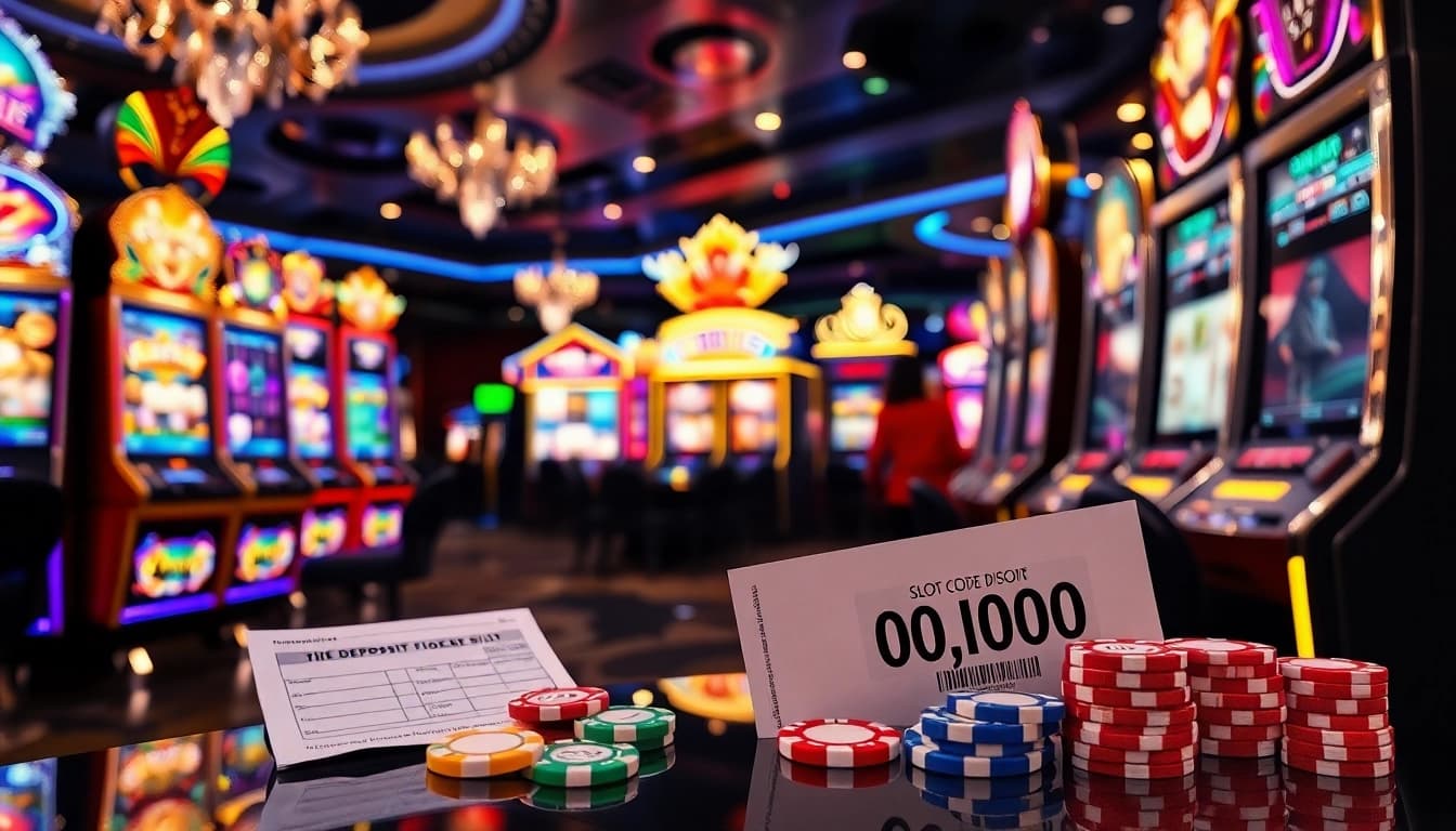 Adegan menarik yang menampilkan mesin slot yang penuh warna dengan fokus pada deposit slot 1000, dilengkapi chip berwarna-warni dan slip taruhan.