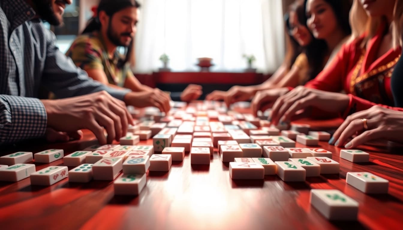 Mahjong permainan dengan ubin berwarna cerah yang dikelilingi oleh pemain yang antusias.