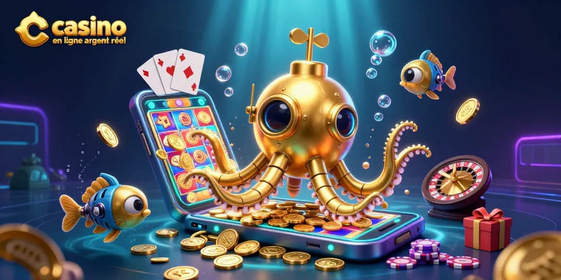 Illustration de casino en ligne argent réel avec un kraken en 3D et des éléments de jeux d'argent.