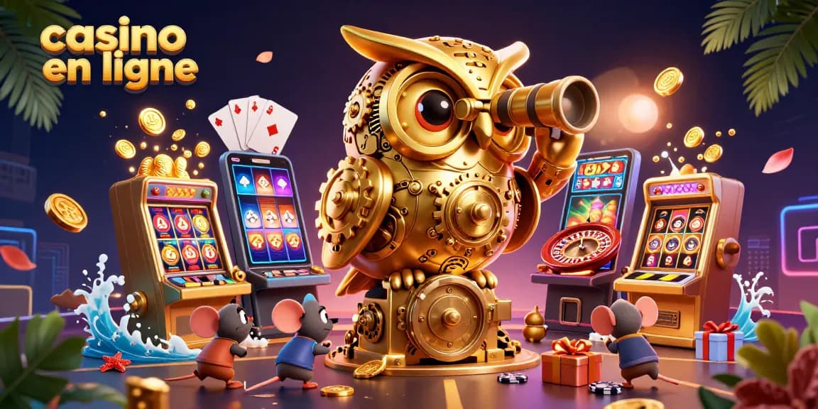 Jouez au casino en ligne avec cette image captivante d'un hibou doré et de souris entre les machines à sous.