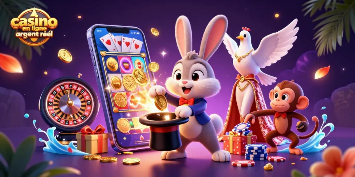 Plongez dans l'univers de casino en ligne argent réel avec une illustration captivante de magie et de gains.