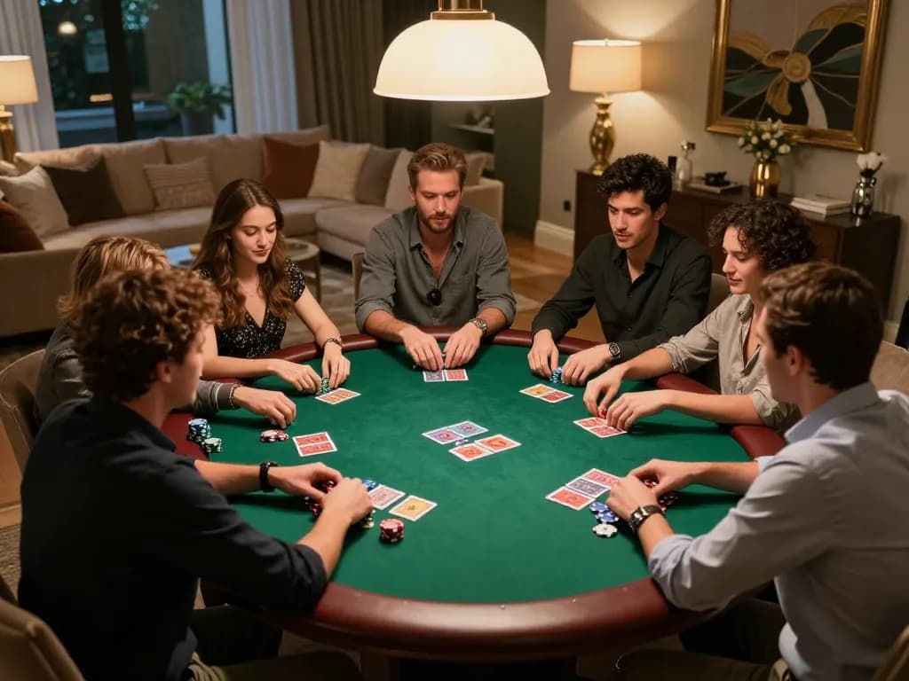 Winstrike69 poker night scene with friends showcasing strategic gameplay and luxury setup.