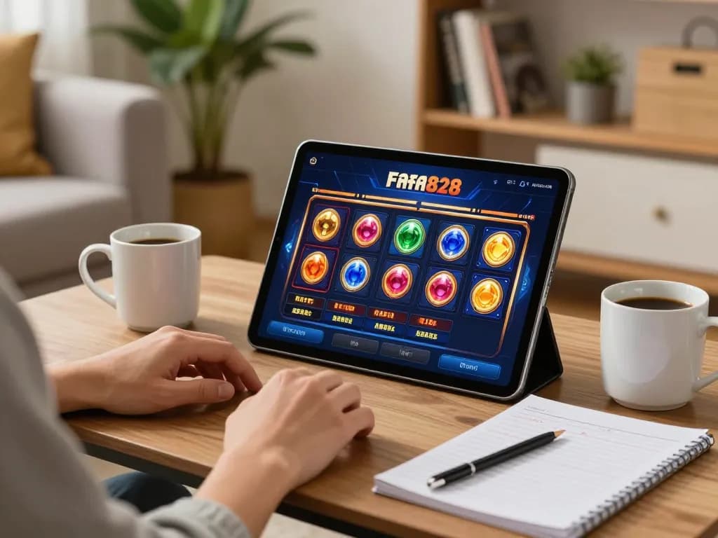คนที่เพลิดเพลินกับเกมสล็อต FAFA828 บนแท็บเล็ตในบรรยากาศบ้านที่อบอุ่น