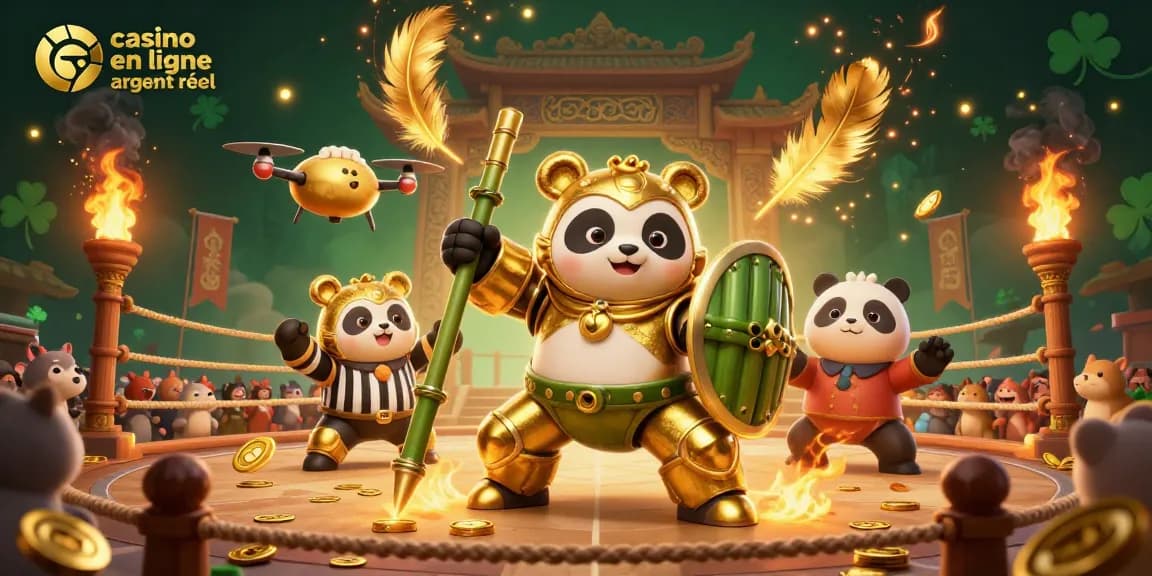 Plongez dans l'univers du casino en ligne argent réel avec cette illustration dynamique d'un panda doré en combinaison futuriste.