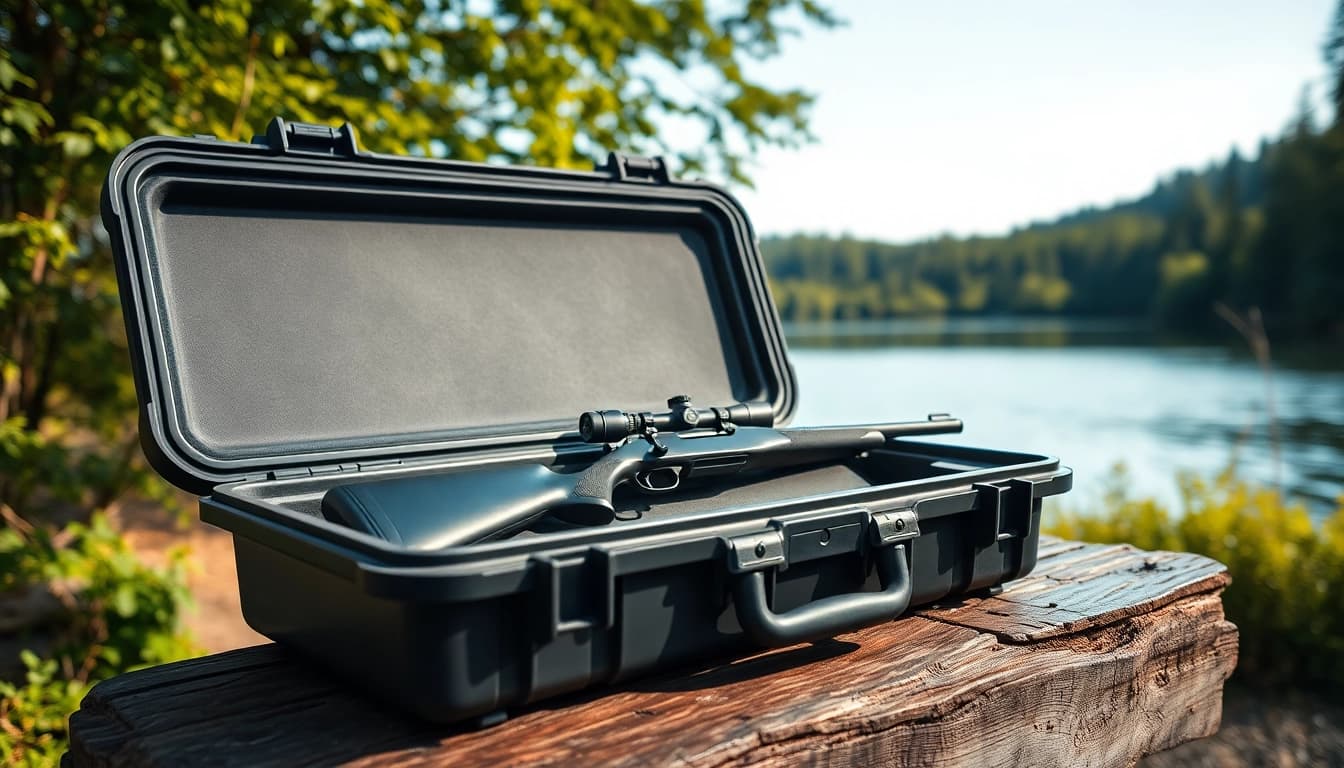 Secure a pelican rifle case while showcasing its rugged durability and design in nature.
