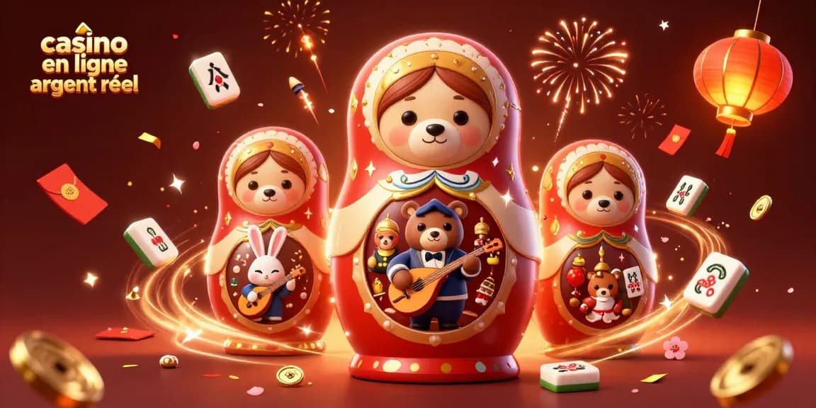 Jouer dans un casino en ligne argent réel avec des ours Matryoshka et des éléments scintillants.