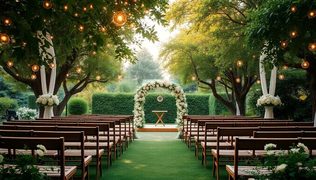 Hochzeitslocation mit traumhaften Garten und festlicher Einrichtung auswählen.