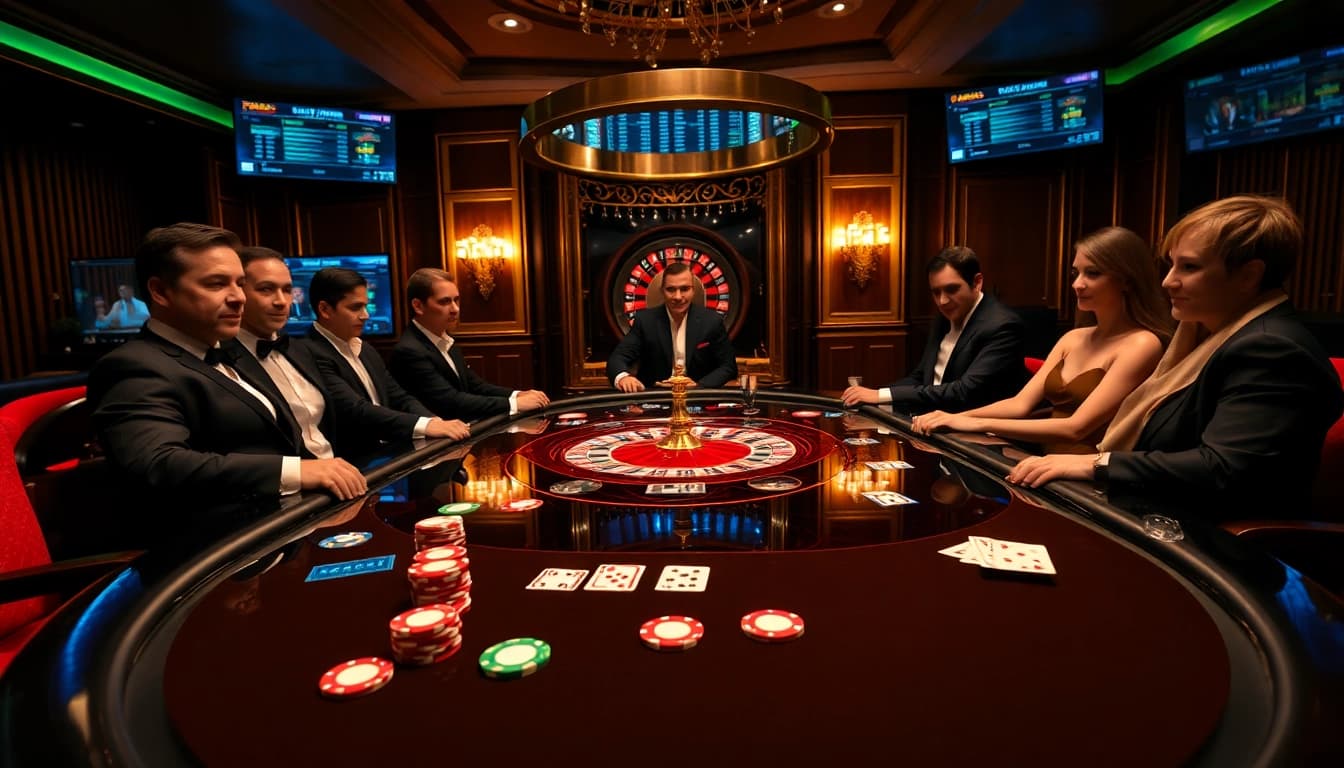 Une scène palpitante de poker à enjeux élevés dans un casino en ligne de luxe avec des joueurs et des jetons vibrants.