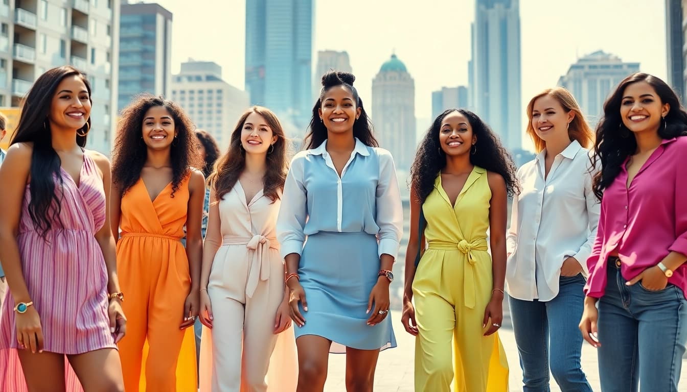 Showcasing trendy women clothing in vibrant urban setting with diverse models