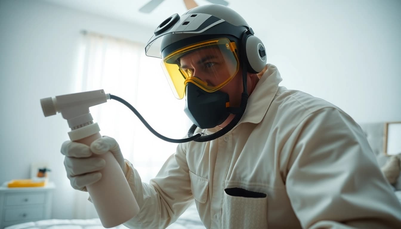 Action shot of a bed bug exterminator treating a bedroom for bed bug infestation, emphasizing professionalism and diligence.