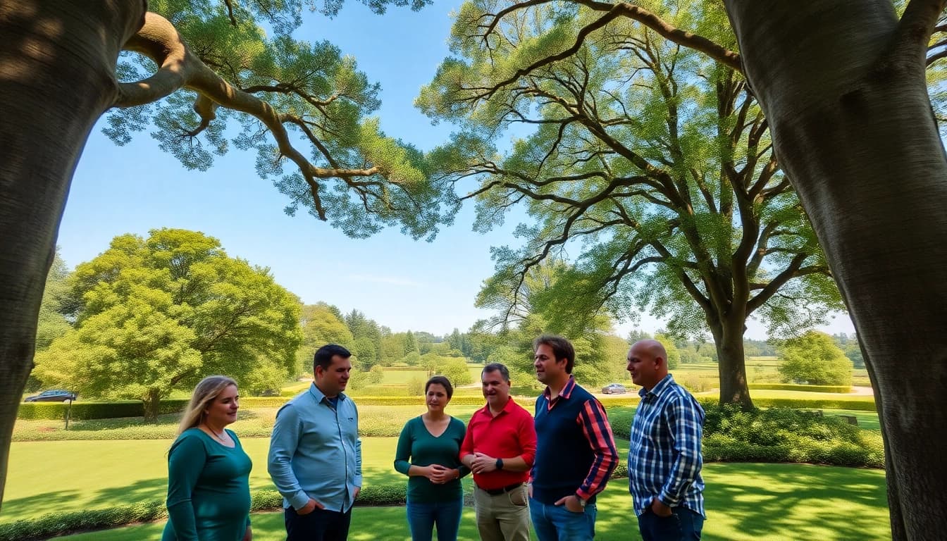 Black Mountain Tree Consultancy team engaging in a discussion about tree care in a professional outdoor setting.
