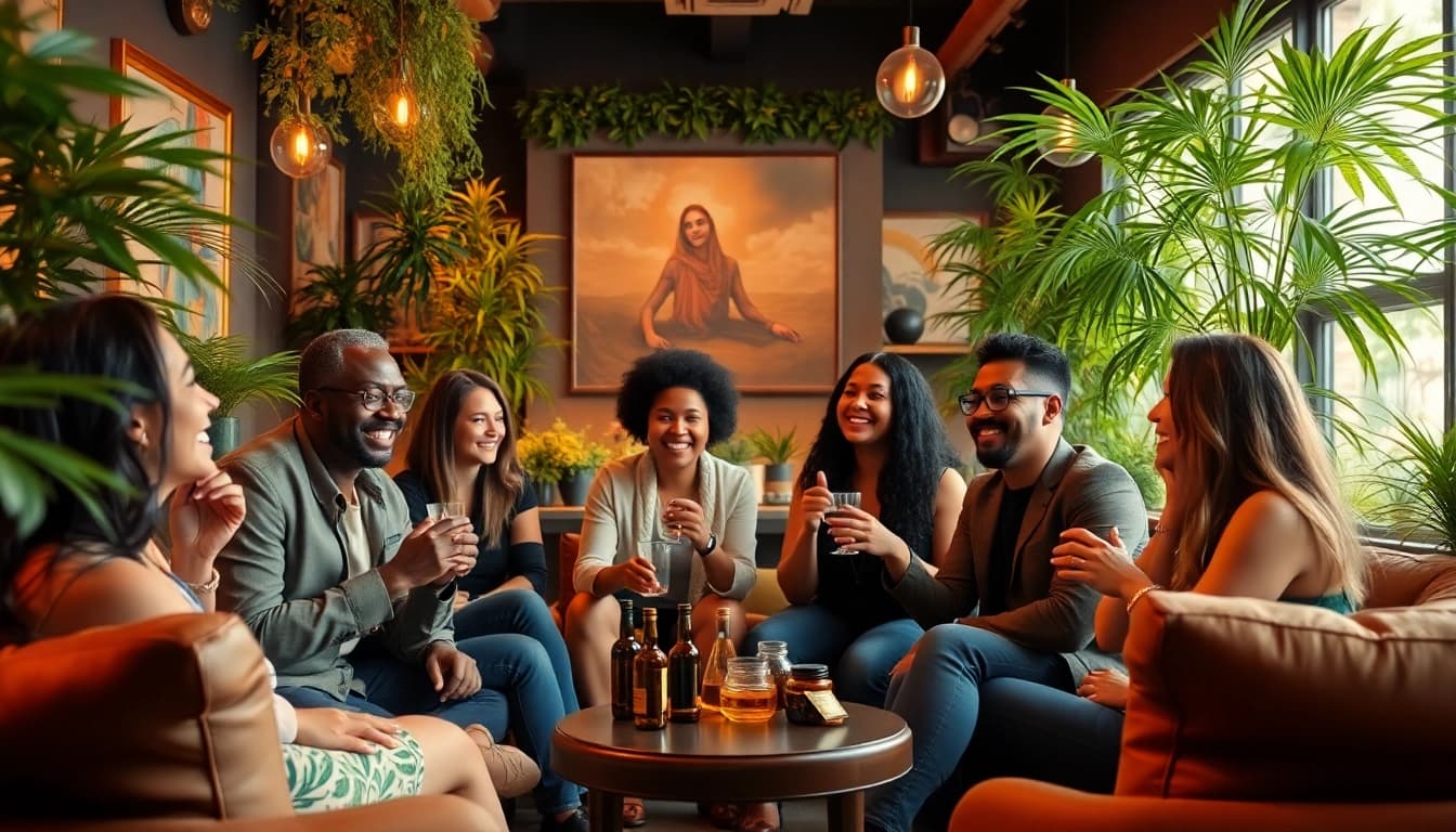 Members engaging in a lively discussion at a cannabis club in a warm, inviting atmosphere.