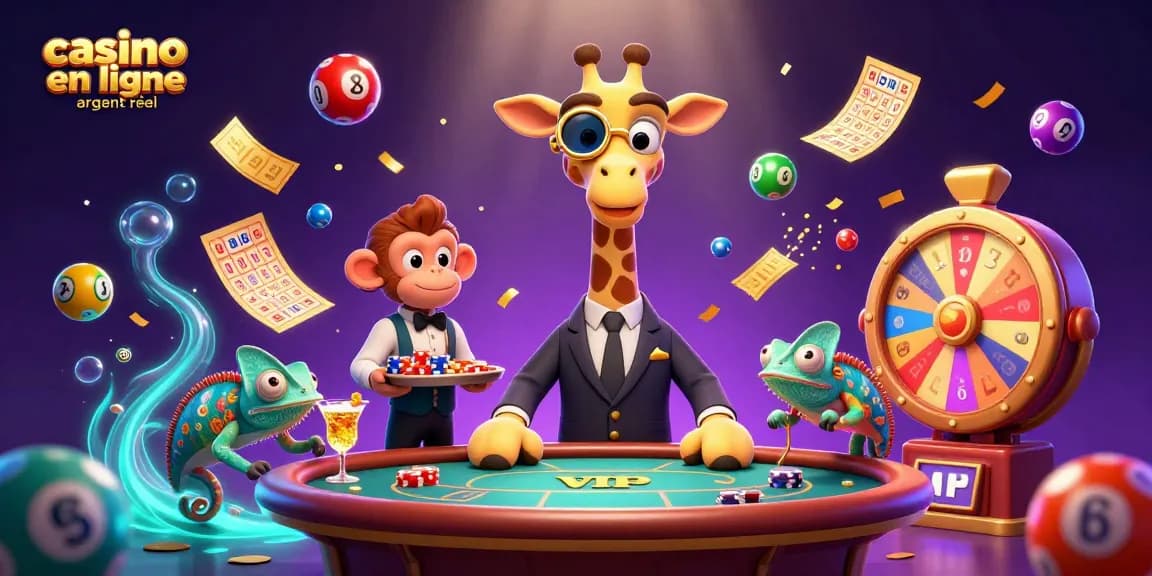 Les joueurs gagnent dans un casino en ligne argent réel avec un girafe, valet et barman, entourés de loteries.