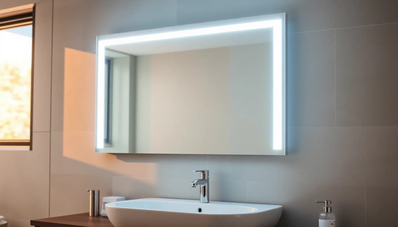 Reflective mirror and LED lights enhance a stylish modern bathroom ambiance.