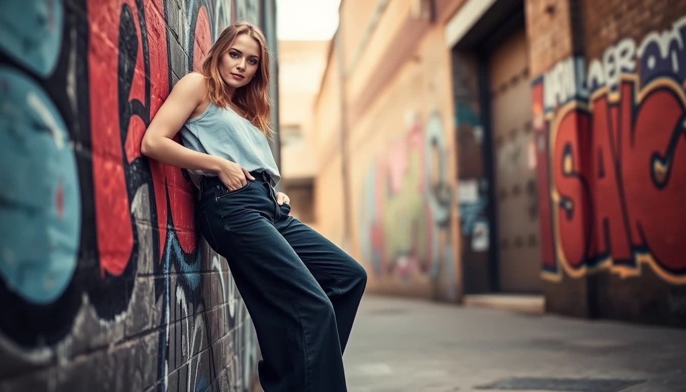 Showcasing stylish baggy black jeans in a vibrant urban backdrop, highlighting street fashion.
