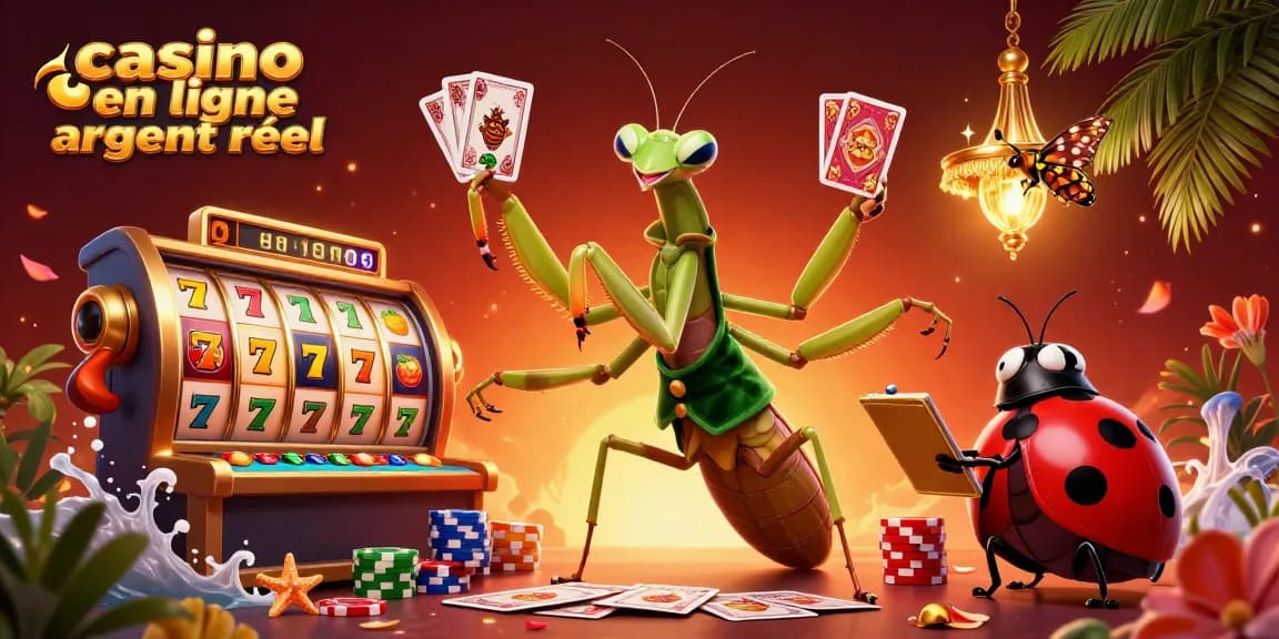 Jouer au casino en ligne argent réel avec une scène animée de personnages colorés et des éléments de jeu.