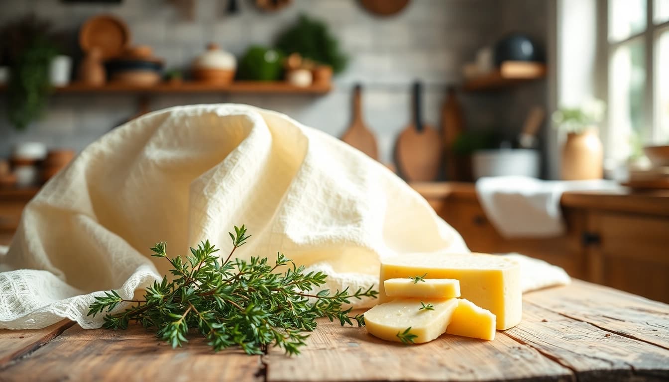 Kaasdoek wordt gebruikt om heerlijk kaas te maken in een gezellige keuken.