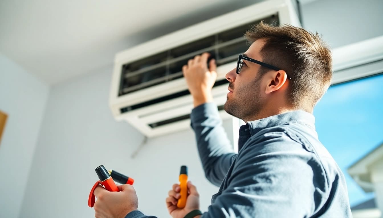 HVAC company canada technician inspecting a modern HVAC system in a bright home.