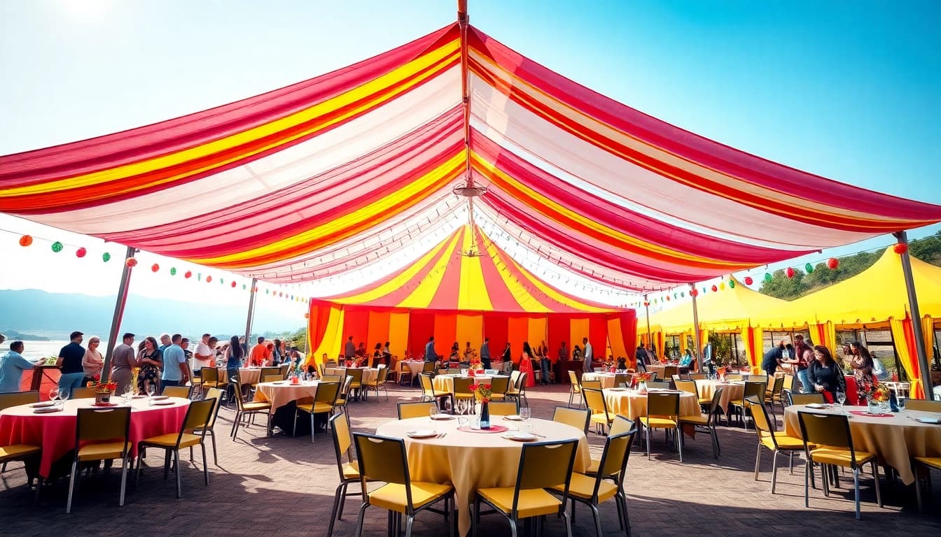 Enjoy a vibrant outdoor party setup with Party Rentals featuring colorful tents and lively decor.