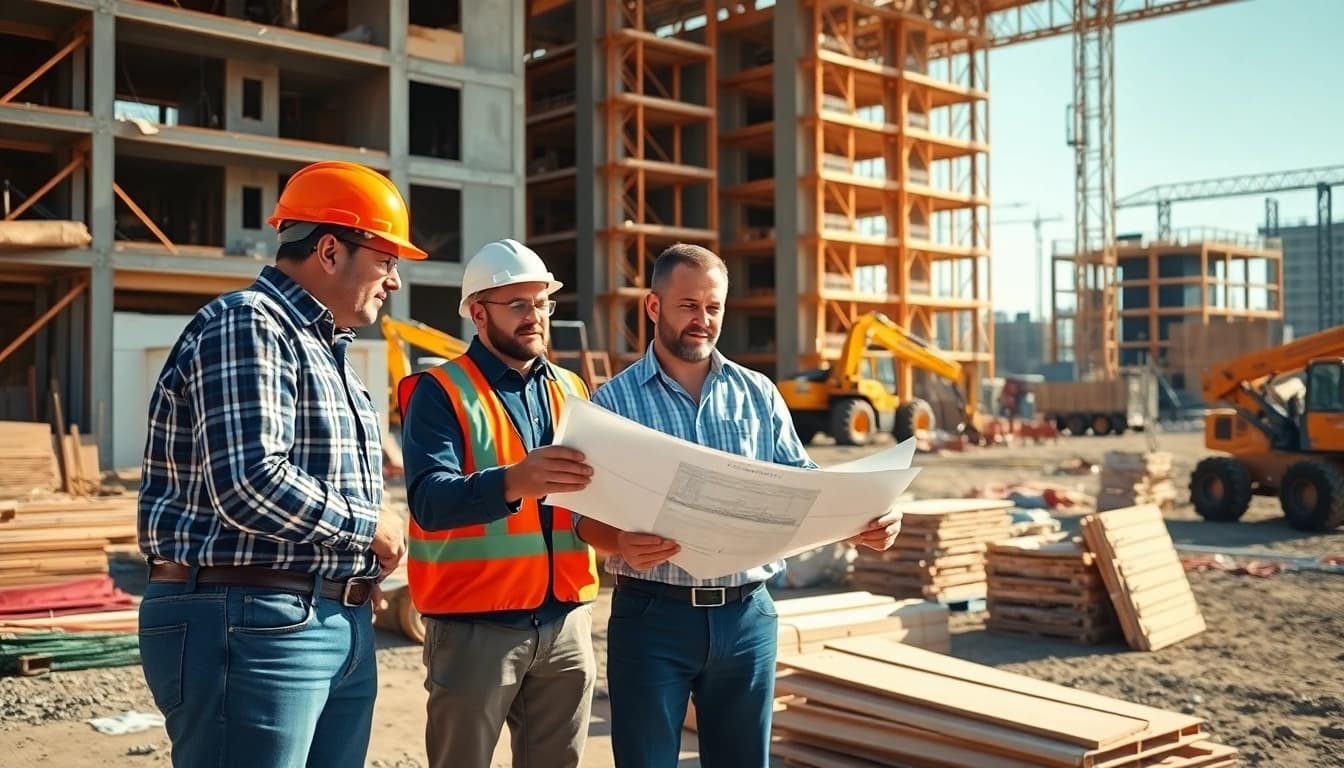 Construction association professionals collaborating on-site, showcasing teamwork and project management.