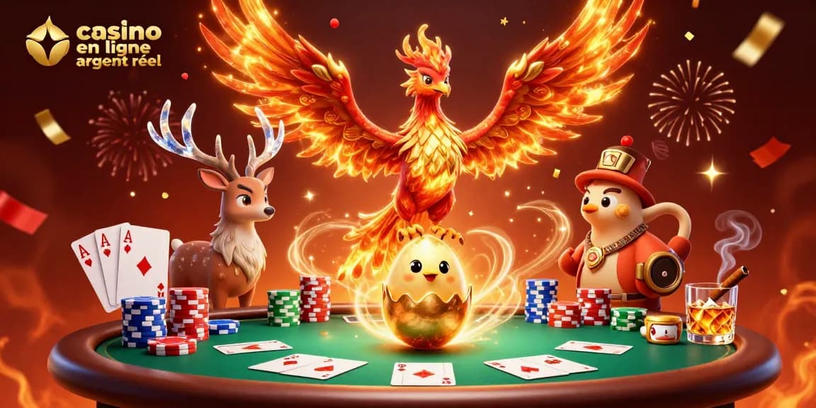 Jouez au casino en ligne argent réel avec une illustration de feu, des cartes à poker et des personnages mystiques.