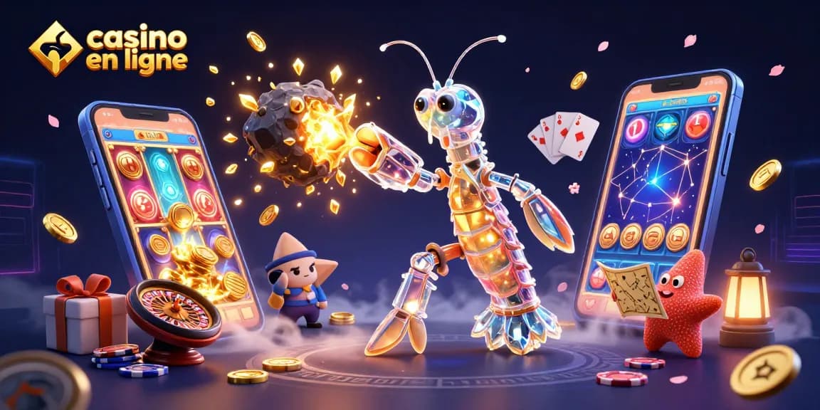 Une illustration dynamique de jeux de casino en ligne avec un samouraï et un astérisque, remplie de joyaux.