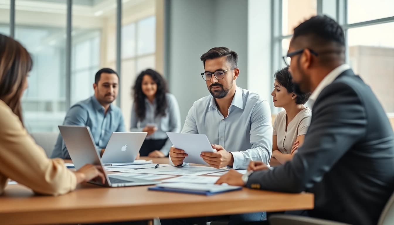 Engaging financial advisor at www.cambioml.com consulting diverse clients in a modern office.