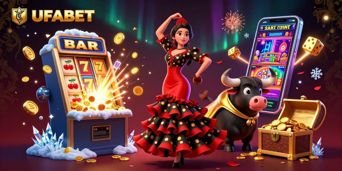 Experience UFABET's thrilling online gaming with vibrant slots, a dancing flamenco woman, and a cartoon bull.