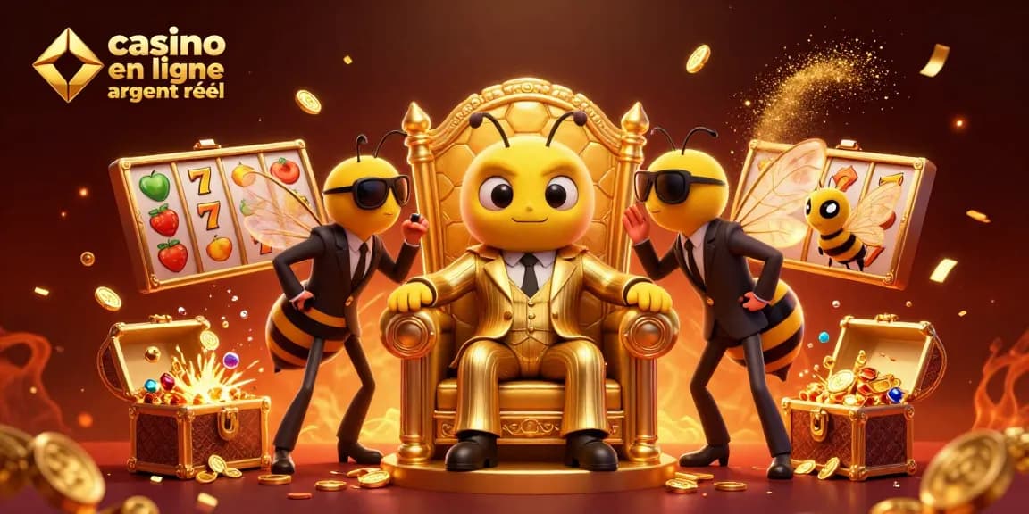 Image artistique de casino en ligne argent réel avec une abeille mobster et des éléments de jeux.