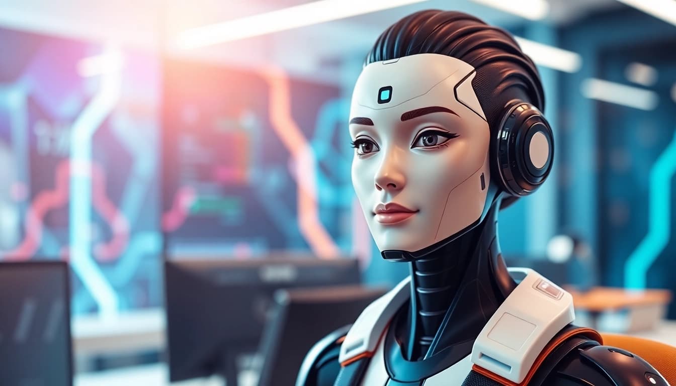 Create a stunning ai avatar in a modern workspace showcasing intricate design details.