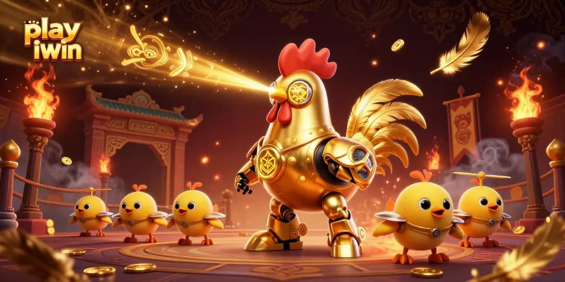 Play iwin with a golden rooster robot in action amidst stunning casino-themed visuals.
