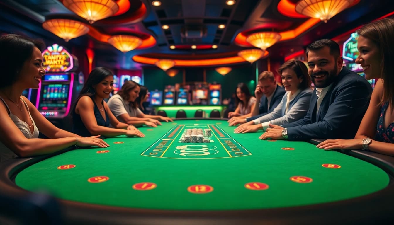 8win casino enthusiasts enjoying a lively blackjack game with vibrant ambiance.